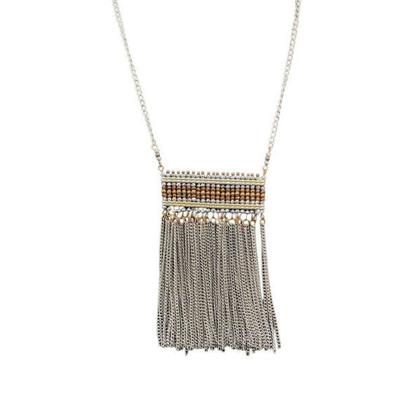 Beaded Tassel Fringe Pendant Chain Necklace Silver and Gold Tone 22 Inches - Picture 1 of 5